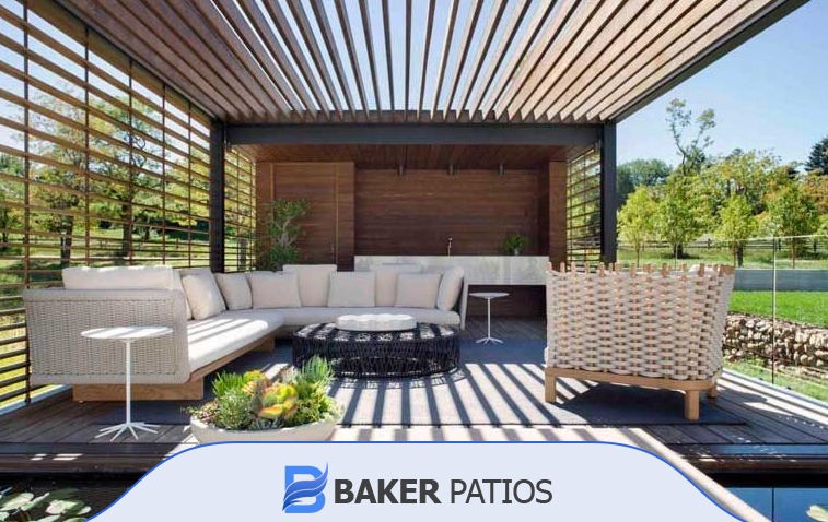 Modern metal pergola providing sleek patio shade